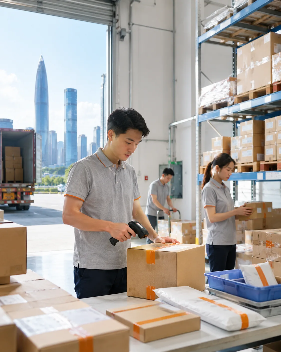 Shenzhen warehouse team receiving and scanning parcels